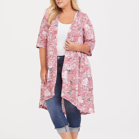 TORRID Plus Size 0 Kimono Hi Lo Duster Sweater Cardigan Rose Floral Print Womens - Picture 1 of 5